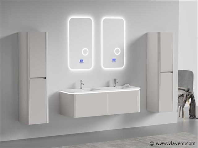 Badkamermeubel 2 persoons 140 cm - taupe - 2 zijkasten, 2 ovale spiegels - afbeelding 2 van  5