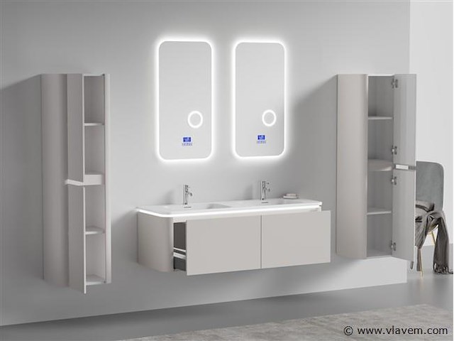 Badkamermeubel 2 persoons 140 cm - taupe - 2 zijkasten, 2 ovale spiegels - afbeelding 3 van  5