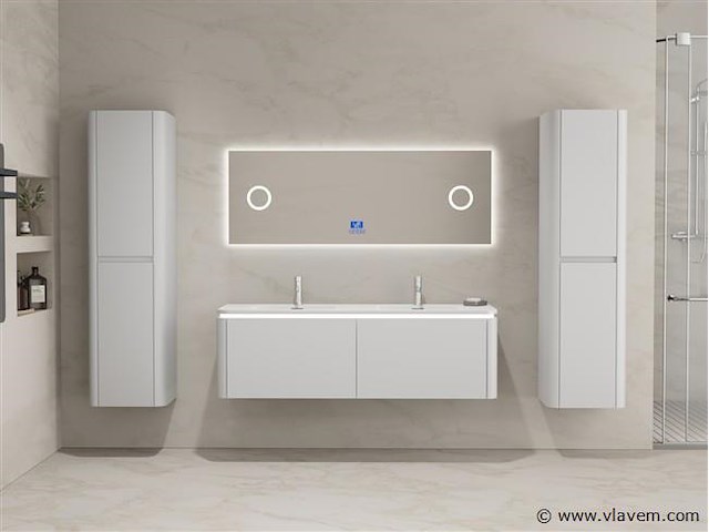 Badkamermeubel 2 persoons 140 cm - wit - 2 zijkasten, 1 led spiegel - afbeelding 2 van  5