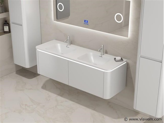 Badkamermeubel 2 persoons 140 cm - wit - 2 zijkasten, 1 led spiegel - afbeelding 3 van  5