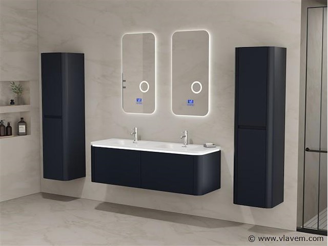 Badkamermeubel 2 persoons 140 cm - zwart - 2 zijkasten, 2 ovale spiegels - afbeelding 1 van  5
