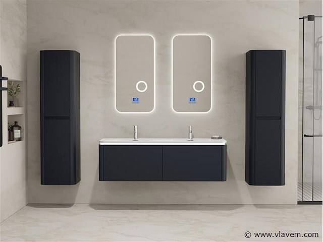 Badkamermeubel 2 persoons 140 cm - zwart - 2 zijkasten, 2 ovale spiegels - afbeelding 2 van  5