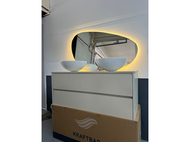 Badmeubel 120cm incl. 1x verwarmde led spiegel en 2x waskom wit, kraftbad, stuttgart 120cm, beige, 2026 - afbeelding 1 van  4