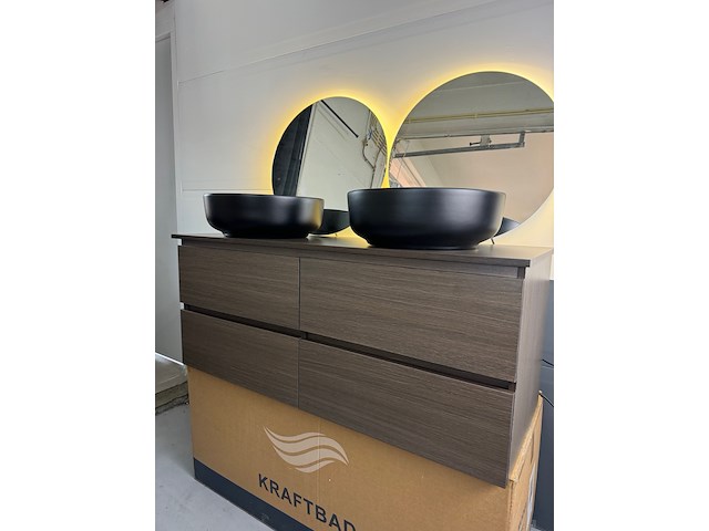 Badmeubel 120cm incl. 2 waskommen en 2x led spiegel, kraftbad, essen 120cm, bruin, 2026 - afbeelding 1 van  4