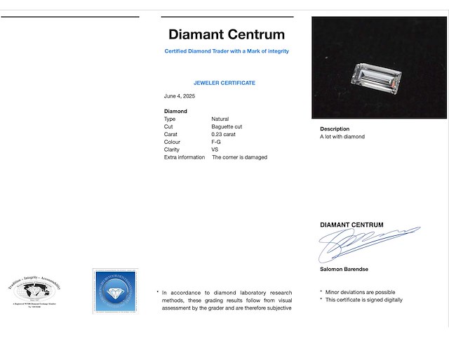 Baguette geslepen diamant 0.23 carat gecertificeerd - afbeelding 3 van  3