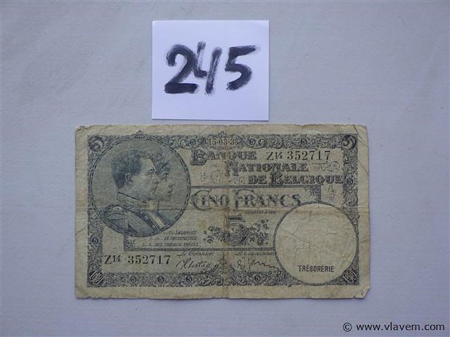 Bankbiljet belgië cinq francs 1938 - afbeelding 1 van  1