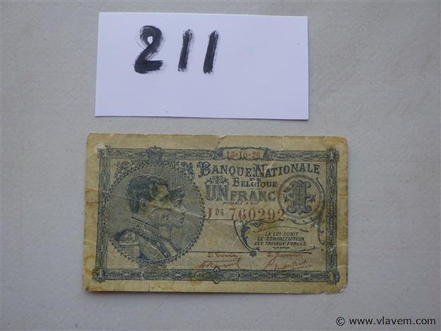 Bankbiljet belgië un franc 1920 - afbeelding 1 van  2