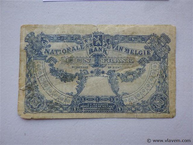 Bankbiljet belgië un franc 1920 - afbeelding 2 van  2
