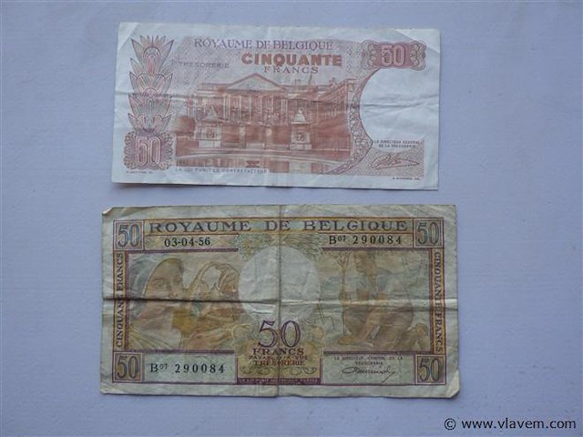 Bankbiljetten belgië 50 frank 1966 en 1956 - afbeelding 2 van  2