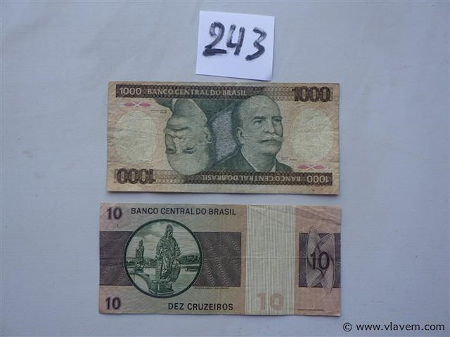 Bankbiljetten brazilië 1000 en 10 cruzeiros - afbeelding 1 van  2
