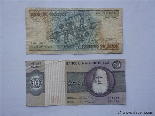 Bankbiljetten brazilië 1000 en 10 cruzeiros - afbeelding 2 van  2