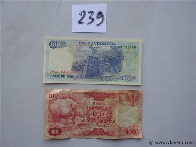 Bankbiljetten indonesië 1000 en 100 rupiah - afbeelding 1 van  2