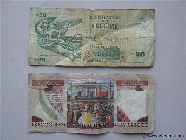 Bankbiljetten uruguay 20 en 5000 pesos - afbeelding 2 van  2