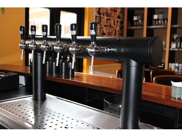 Barmeubel in boogopstelling bestaande uit barzijde met lengte 390 cm, tapinstallatie met 6 kranen, 2 fusten... - afbeelding 6 van  8