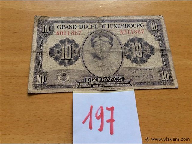 Biljet 10 francs luxemburg 1944. - afbeelding 1 van  2