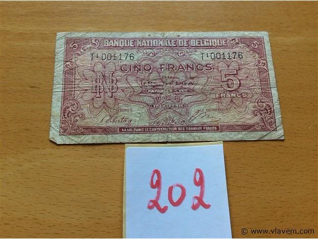 Biljet 5 fr belgisch 1943. - afbeelding 1 van  2