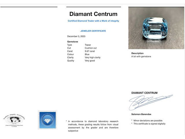 Blauwe topaas 9.67 carat - afbeelding 3 van  4