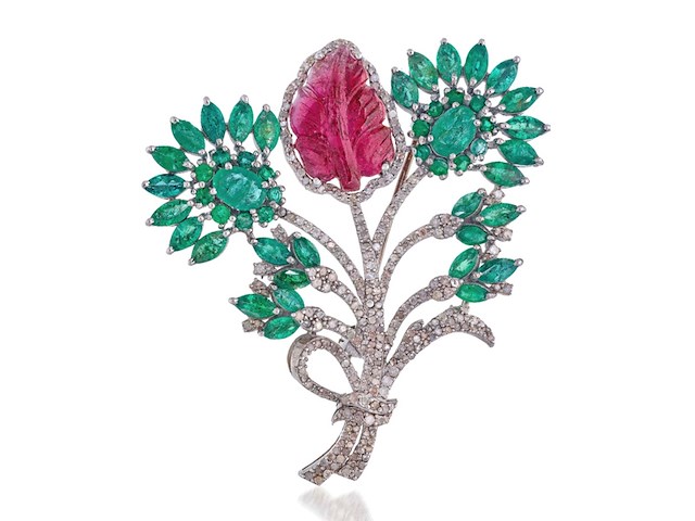 Bloem broche met natuurlijke diamanten en edelstenen - afbeelding 1 van  5