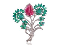 Bloem broche met natuurlijke diamanten en edelstenen - afbeelding 1 van  5