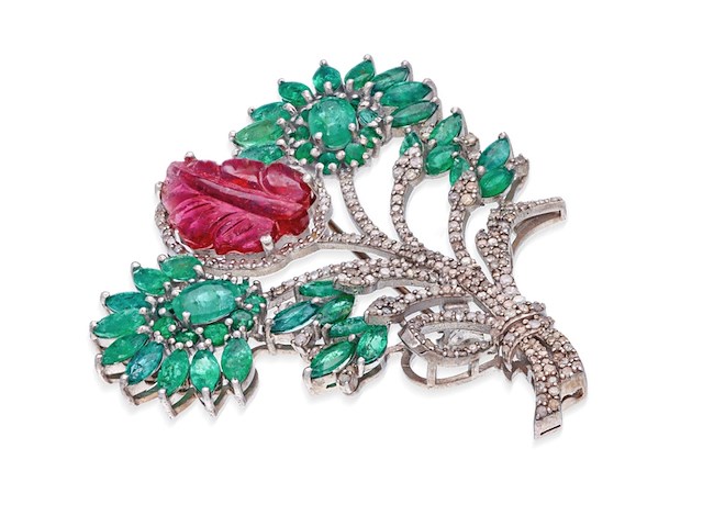 Bloem broche met natuurlijke diamanten en edelstenen - afbeelding 2 van  5