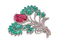 Bloem broche met natuurlijke diamanten en edelstenen - afbeelding 2 van  5
