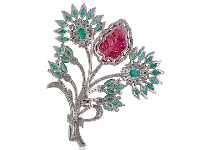 Bloem broche met natuurlijke diamanten en edelstenen - afbeelding 3 van  5