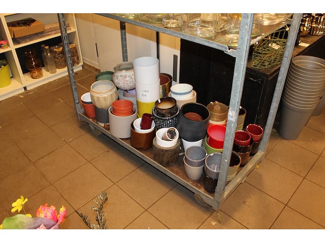 Bloemen en plantenpotten op schap in diverse maten en uitvoeringen. - afbeelding 1 van  2