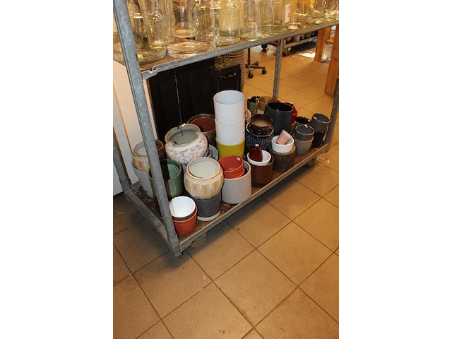 Bloemen en plantenpotten op schap in diverse maten en uitvoeringen. - afbeelding 2 van  2