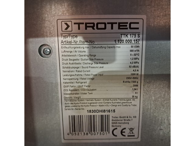 Bouwdroger 50l 230v trotec, ttk 0175 s, bouwjaar 2018 - afbeelding 3 van  11
