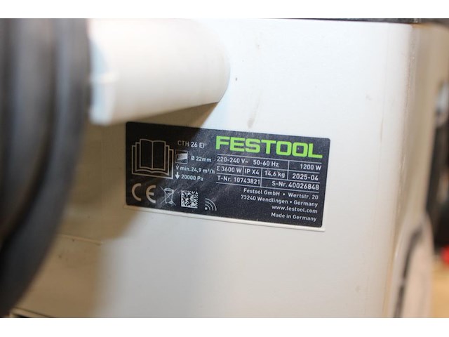 Bouwstofzuiger festool cth26 ei. geen steel met zuigmond. let op ! onderdeel van combinatiekavel b017 onderdeel van combinatiekavel combinatiekavel festool gereedschappen kavels b013 t/m b016. zaag-en werktafel met afzuiging. - afbeelding 4 van  4
