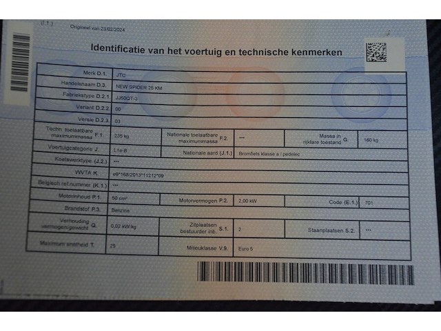 Bromfiets klasse a "jtc" new spider 25km , type jj50qt-3, variant 00, versie 03, ch.nr. llptcba02m1080076, bouwjaar 17-05-2022 met sleutel en boorddocumenten - afbeelding 2 van  20