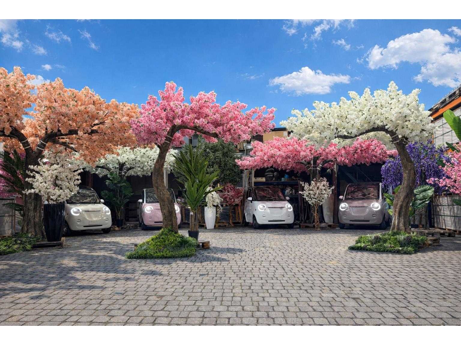 Brommobielen, composiet bekleding, groene planten, bloesem bomen en bloemen