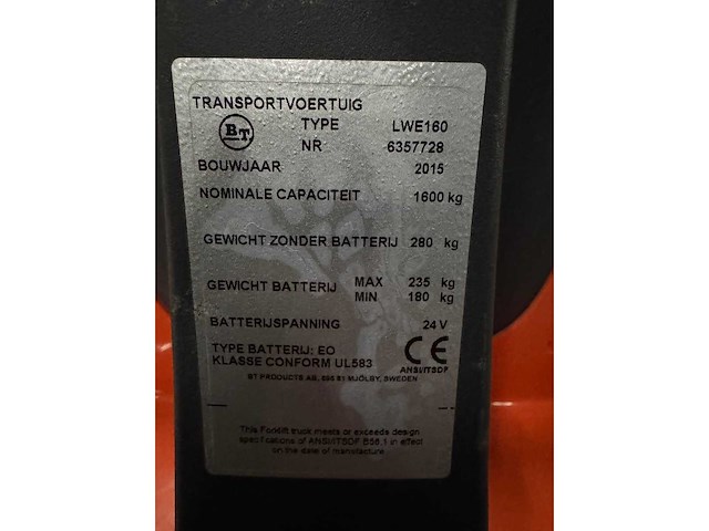 Bt - 2015 - lwe160 - elektrische palletwagen - afbeelding 11 van  14