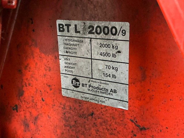 Bt lifters btl 2000/9 hand hydraulische palletwagen - afbeelding 6 van  6