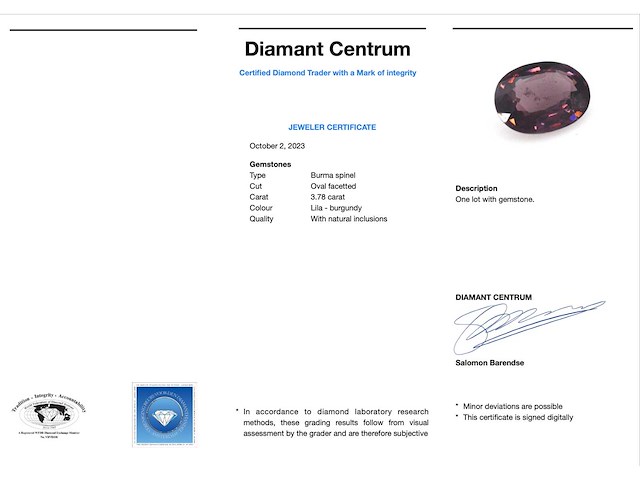 Burma spinel - 3.78 carat natuurlijke burma spinel (gecertificeerd) - afbeelding 3 van  4