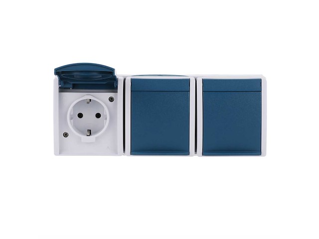 Busch-jaeger - 2300/3 ew-53 - drievoudige wandcontactdoos met randaarde met tekstveld met scharnierend deksel 16 a grijs/blauwgroen (3x) - afbeelding 1 van  2