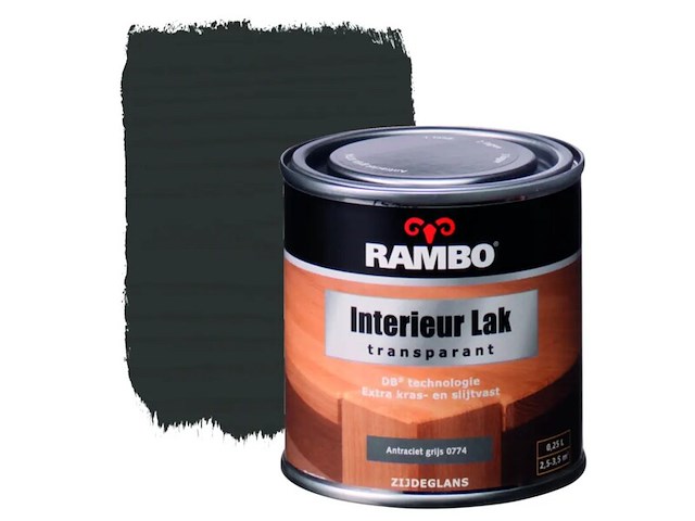 Ca. 12x interieur lak zijdeglans rambo, antraciet grijs, transparant 250 ml - afbeelding 1 van  2
