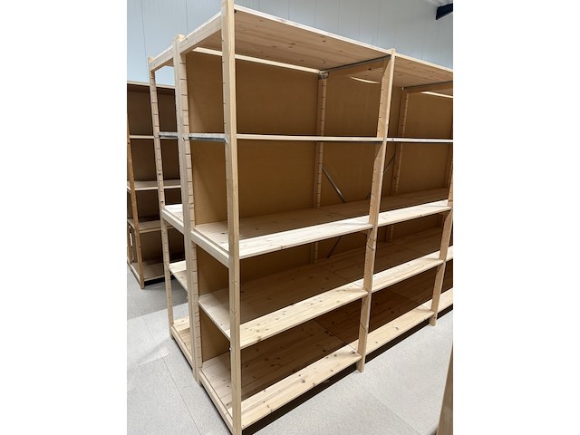 Ca. 57 meter legbordstelling, noordrek, houten legbord, blank hout - afbeelding 9 van  12