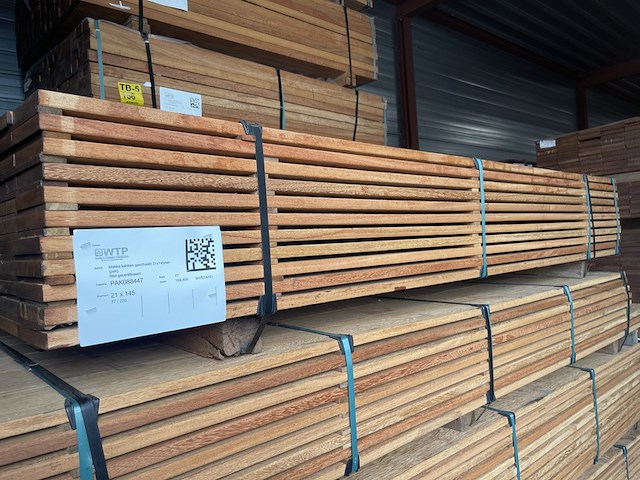Ca. 77x angelim pedra vlonderplanken, 21x145mm, lengte 17/125cm, 18/155cm, 30/185cm, 12/215cm - afbeelding 2 van  4