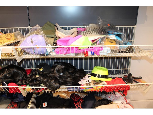 Carnavals accessoires in dubbel wandrek w.o. pruiken, panty's, rokjes, papier en blindengeleidenstokken. - afbeelding 3 van  5