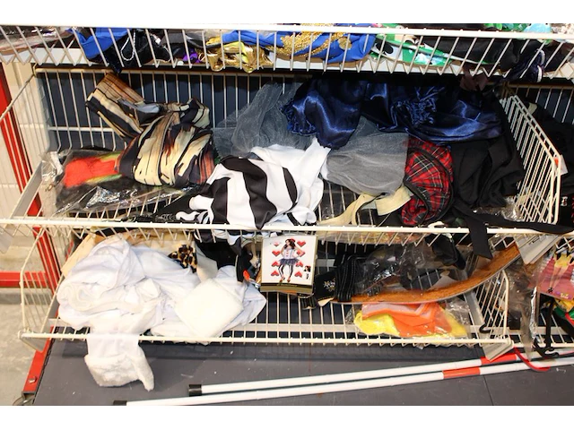 Carnavals accessoires in dubbel wandrek w.o. pruiken, panty's, rokjes, papier en blindengeleidenstokken. - afbeelding 4 van  6