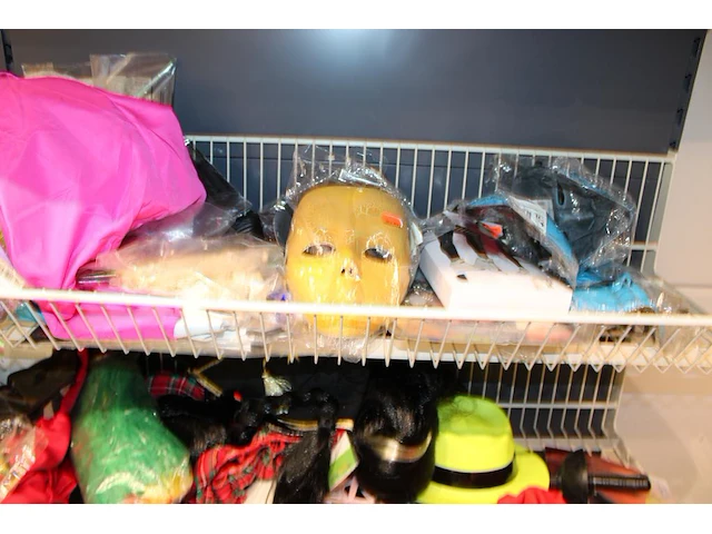 Carnavals accessoires in dubbel wandrek w.o. pruiken, panty's, rokjes, papier en blindengeleidenstokken. - afbeelding 5 van  6