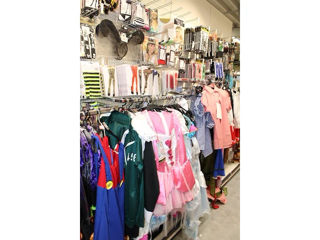 Carnavalskleding aan zevendelige wandstelling, ruim 240 kledingstukken, brillen, bretels, tasjes, panty's, ... - afbeelding 4 van  15
