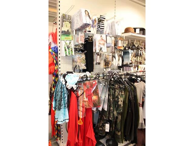 Carnavalskleding aan zevendelige wandstelling, ruim 240 kledingstukken, brillen, bretels, tasjes, panty's, ... - afbeelding 9 van  15