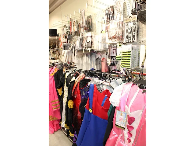Carnavalskleding aan zevendelige wandstelling, ruim 240 kledingstukken, brillen, bretels, tasjes, panty's, ... - afbeelding 15 van  15
