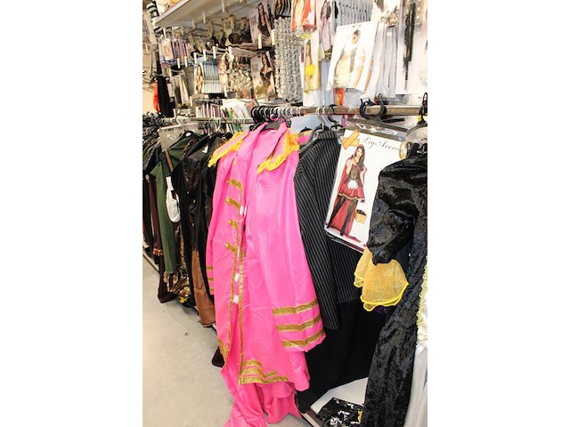 Carnavalskleding aan zevendelige wandstelling, ruim 240 kledingstukken w.o. brillen, bretels, tasjes, panty... - afbeelding 4 van  18