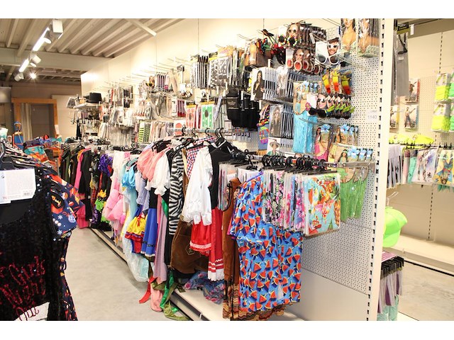 Carnavalskleding aan zevendelige wandstelling, ruim 240 kledingstukken w.o. brillen, bretels, tasjes, panty... - afbeelding 1 van  18