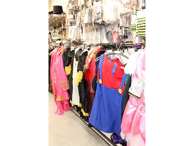 Carnavalskleding aan zevendelige wandstelling, ruim 240 kledingstukken w.o. brillen, bretels, tasjes, panty... - afbeelding 17 van  18