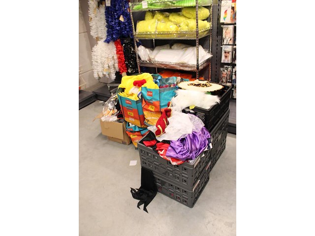 Carnavalskleding en accessoires in vijf kunststofkratten, vier tassen en doos. - afbeelding 2 van  4