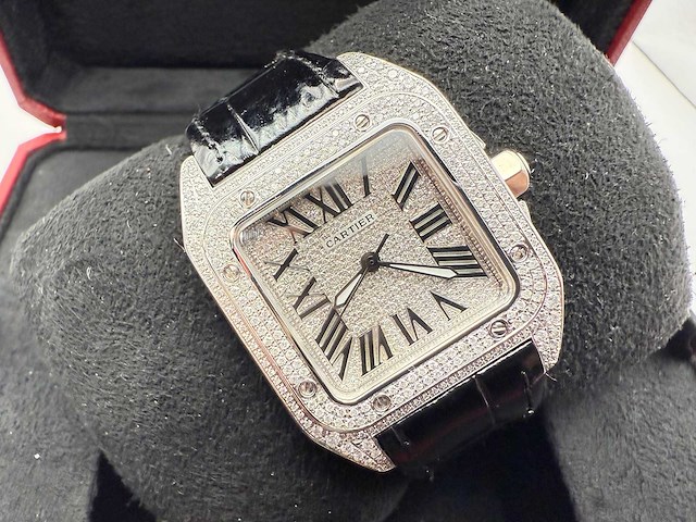 Cartier santos 100 medium | iced out naturel diamonds | 2025 - afbeelding 1 van  14